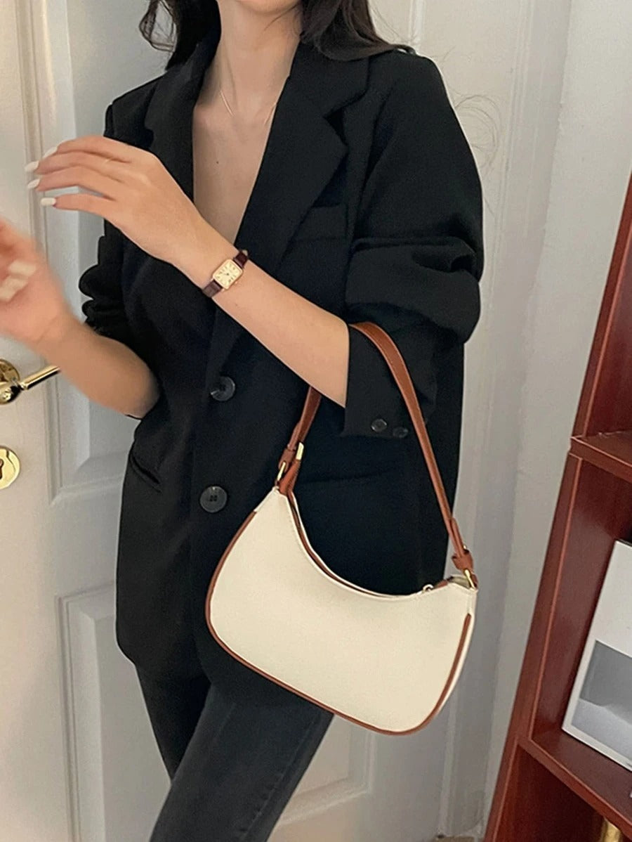 Contrast Binding Zipper Hobo Bag