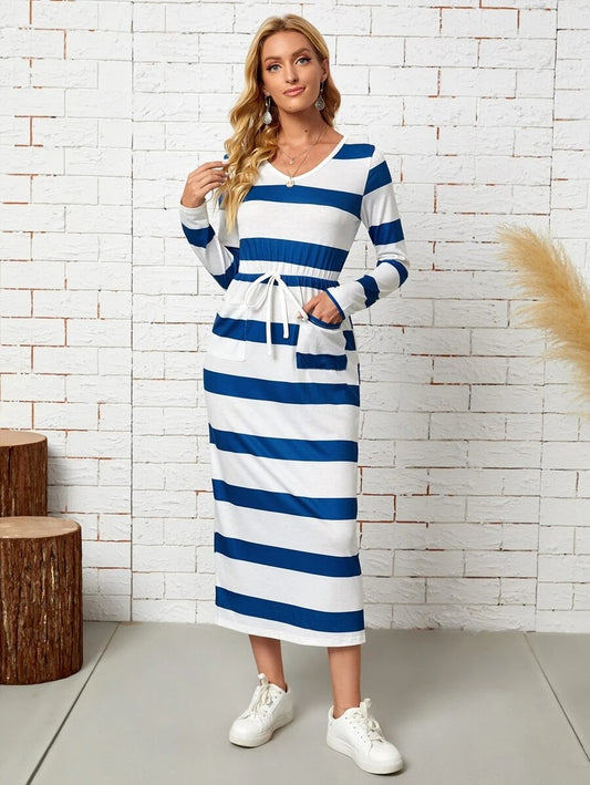 Striped Double Pocket Tie Front Dress