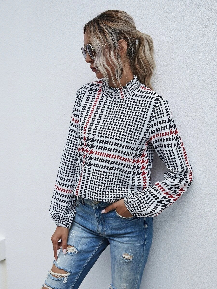Houndstooth Long Peasant Sleeve Top