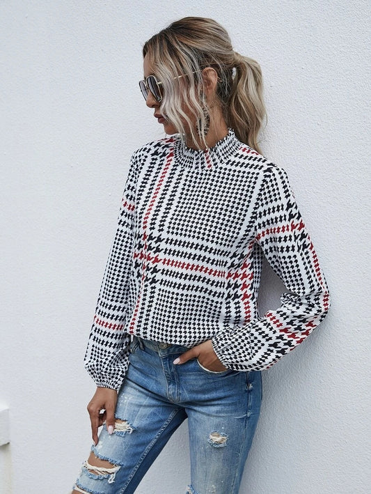 Houndstooth Long Peasant Sleeve Top