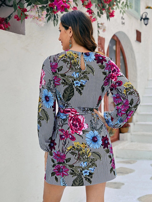 Striped & Floral Print Lantern Sleeve Belted Dress