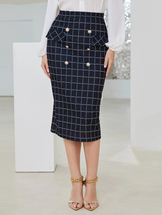Grid Print Button Detail Skirt