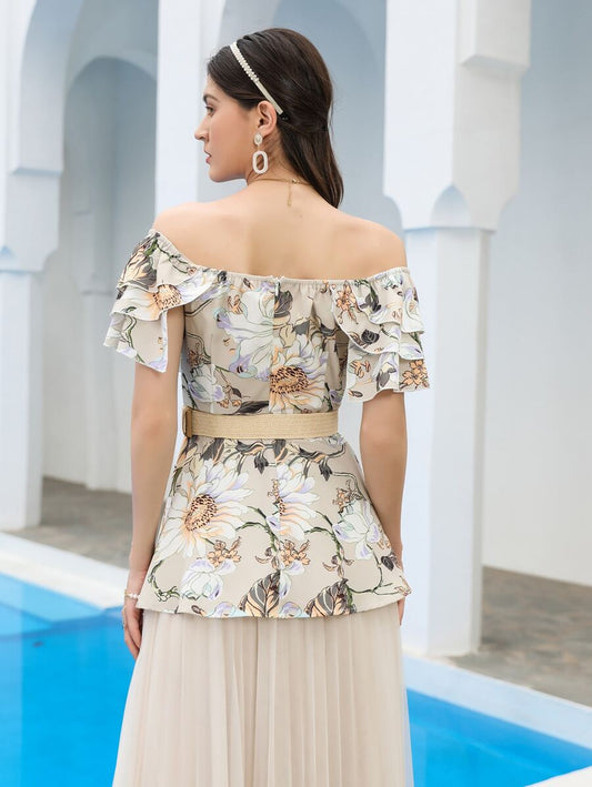 Floral Print Off The Shoulder Blouse Without Belt