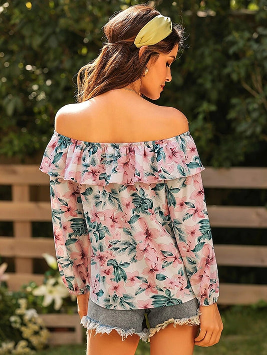 Floral Bardot Ruffle Trim Blouse