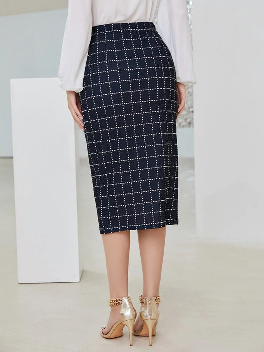 Grid Print Button Detail Skirt