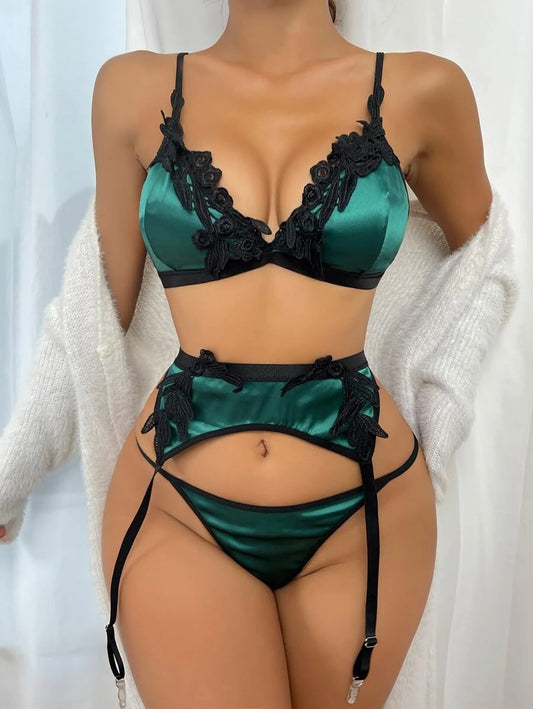 Satin Applique Garter Lingerie Set