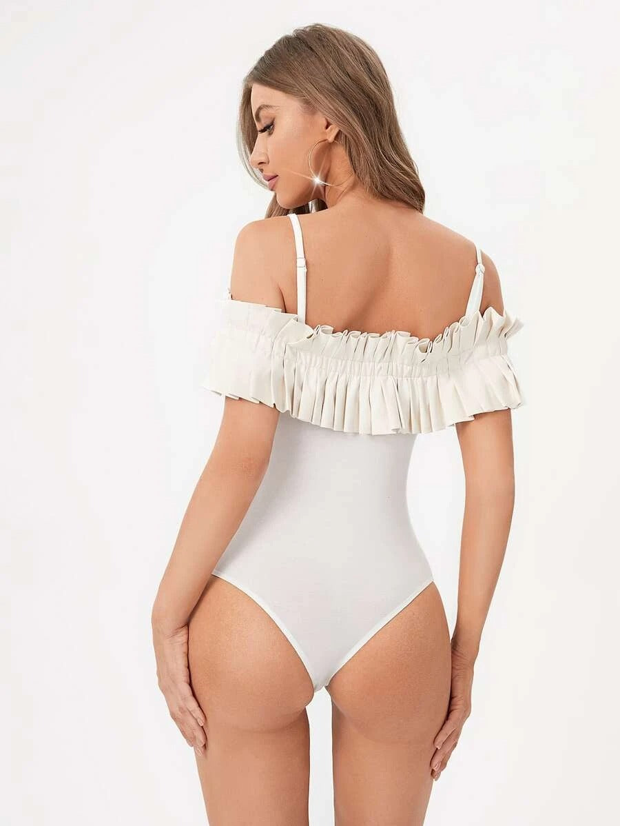 Cold Shoulder Ruffle Trim Bodysuit