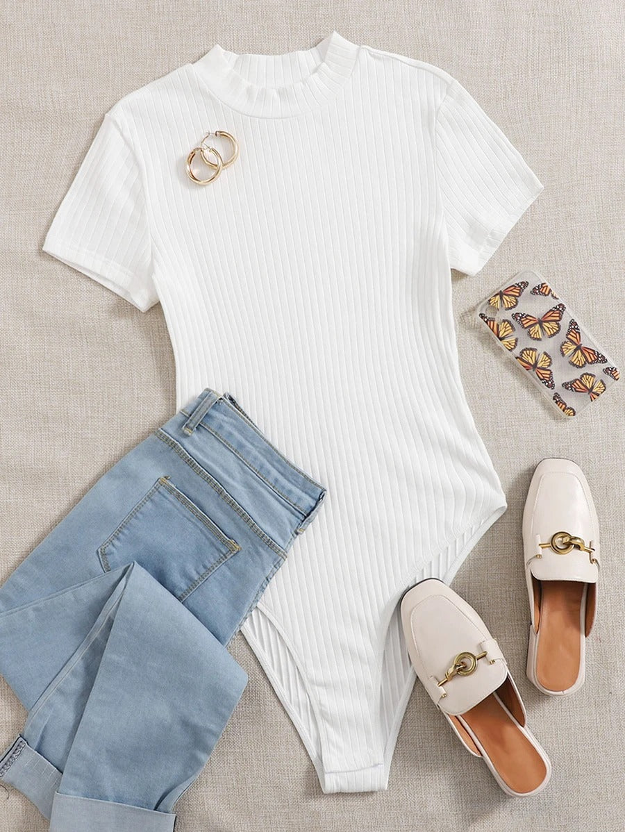 Mock-neck Rib-knit Bodysuit