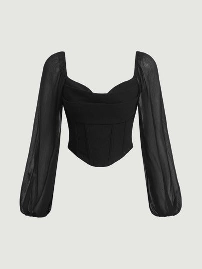 Lantern Sleeve Asymmetrical Hem Crop Top