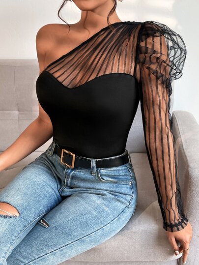 One Shoulder Contrast Mesh Gigot Sleeve Top