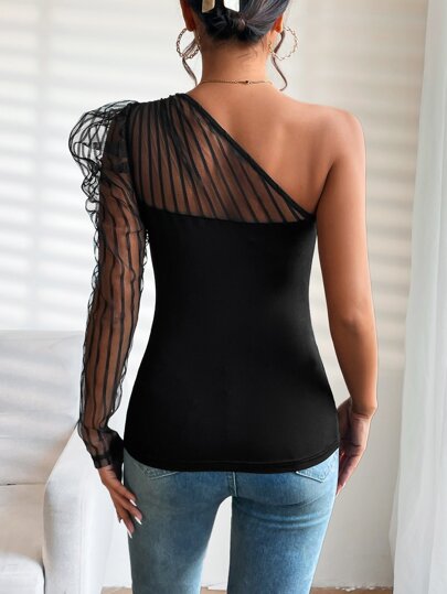 One Shoulder Contrast Mesh Gigot Sleeve Top