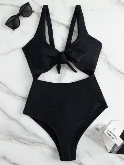 Cut-out Knot Front One Piece Swimsuit