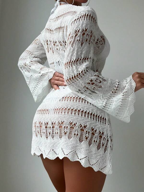Scallop Trim Flounce Sleeve Cover Up Dress
