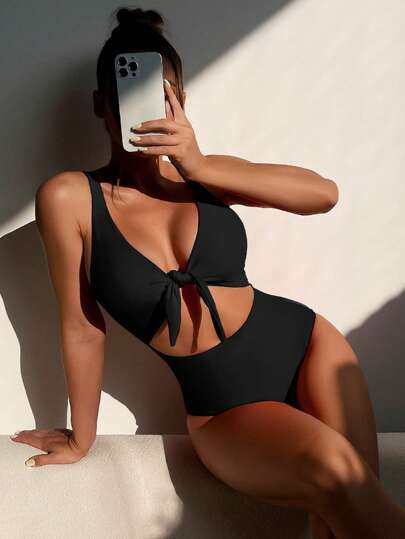 Cut-out Knot Front One Piece Swimsuit
