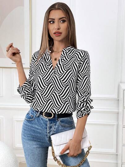 Notched Neckline Roll Tab Sleeve Blouse