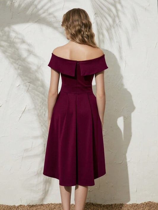 Off Shoulder Fold Over Front Dress Burgundy