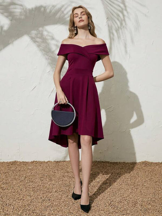 Off Shoulder Fold Over Front Dress Burgundy