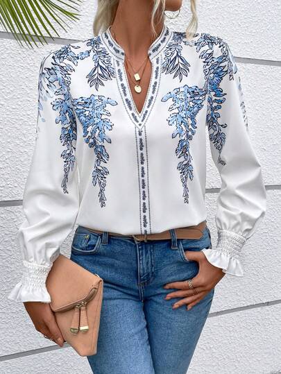 Floral Print Flounce Sleeve Blouse