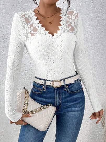 Embroidered Textured Fabric White T-Shirt