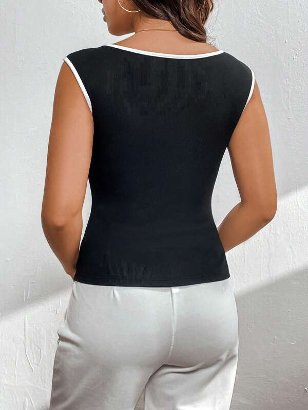Black & White Contrast Edge Cap Sleeve Tank Top