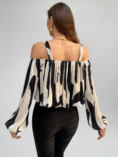 Graphic Print Off-Shoulder Lantern Sleeve Shirt