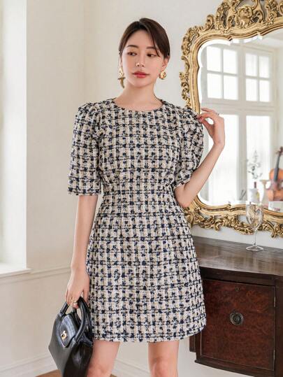 Tweed Pleated Waist-Defining Short Sleeve Dress