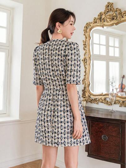 Tweed Pleated Waist-Defining Short Sleeve Dress