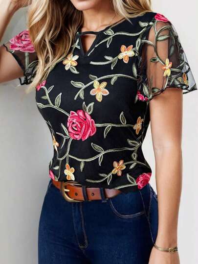 Embroidered Mesh Overlay Flared Short Sleeve Blouse