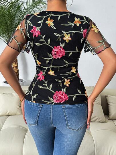 Embroidered Mesh Overlay Flared Short Sleeve Blouse