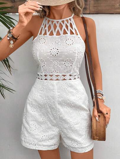 Embroidered Waist Cinched Sleeveless Jumpsuit