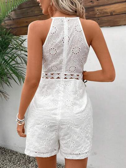 Embroidered Waist Cinched Sleeveless Jumpsuit