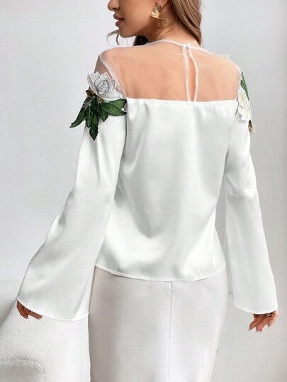 Floral Embroidery & Net Yarn Splicing Flared Sleeve Blouse