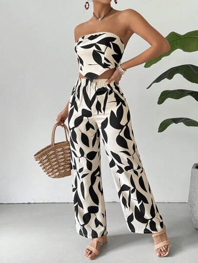Plant Print Casual 2-Piece Outfit