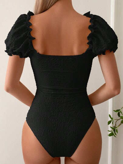 One-Piece Swimsuit With Bubble Sleeves In Solid Color