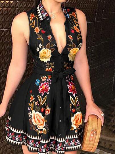 Printed Button Front Sleeveless Dress