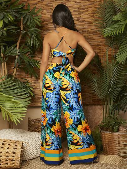 Loose Pants Yellow Blue Botanical Flower Print Women's Jumpsuit