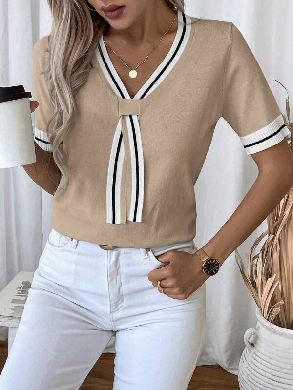 Striped Print V-Neck Criss-Cross Short Sleeve Knit Top