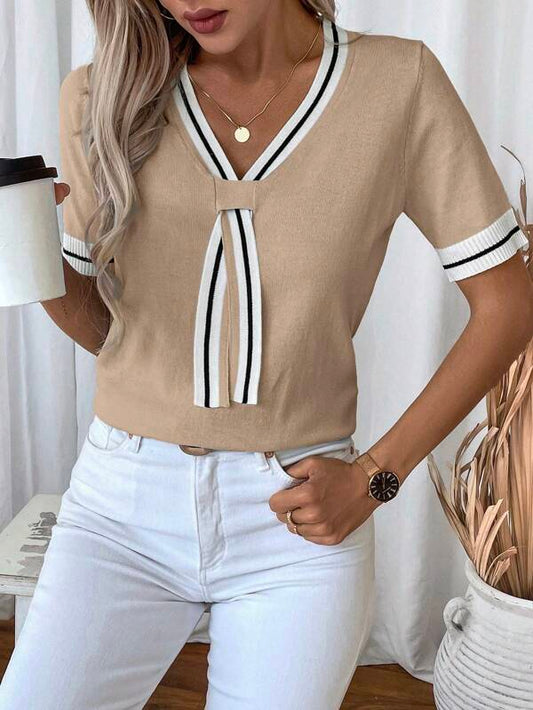 Striped Print V-Neck Criss-Cross Short Sleeve Knit Top