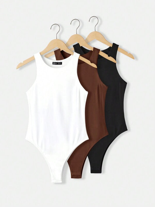 3pcs Casual Round Neck Sleeveless Fitted Solid Color Bodysuit