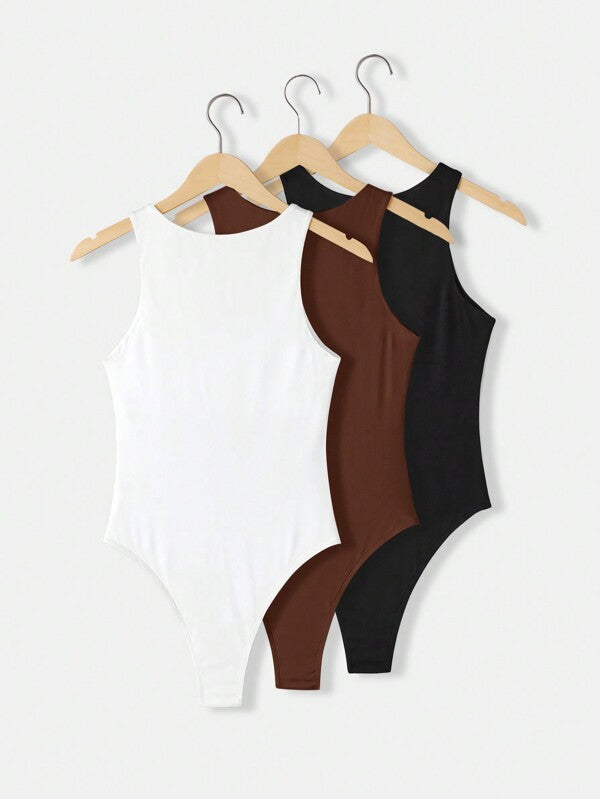 3pcs Casual Round Neck Sleeveless Fitted Solid Color Bodysuit
