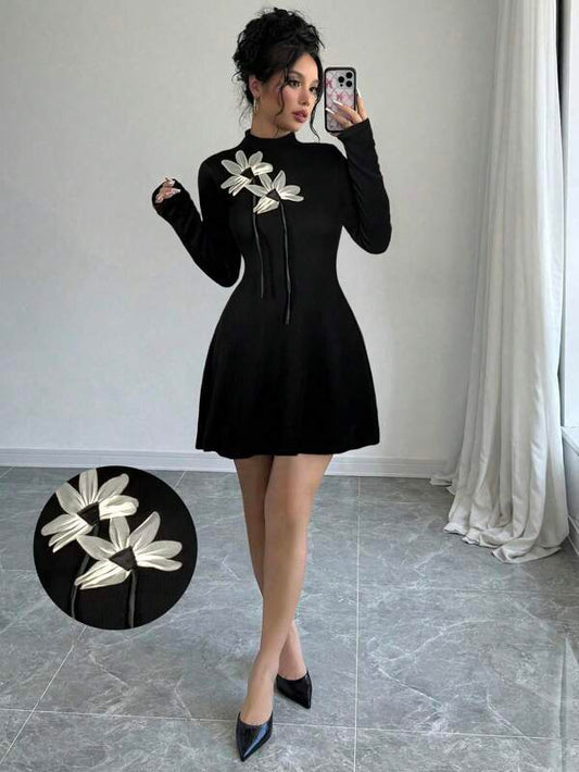 High Neck Long Sleeve Accent A-Line Dress