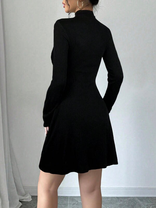 High Neck Long Sleeve Accent A-Line Dress
