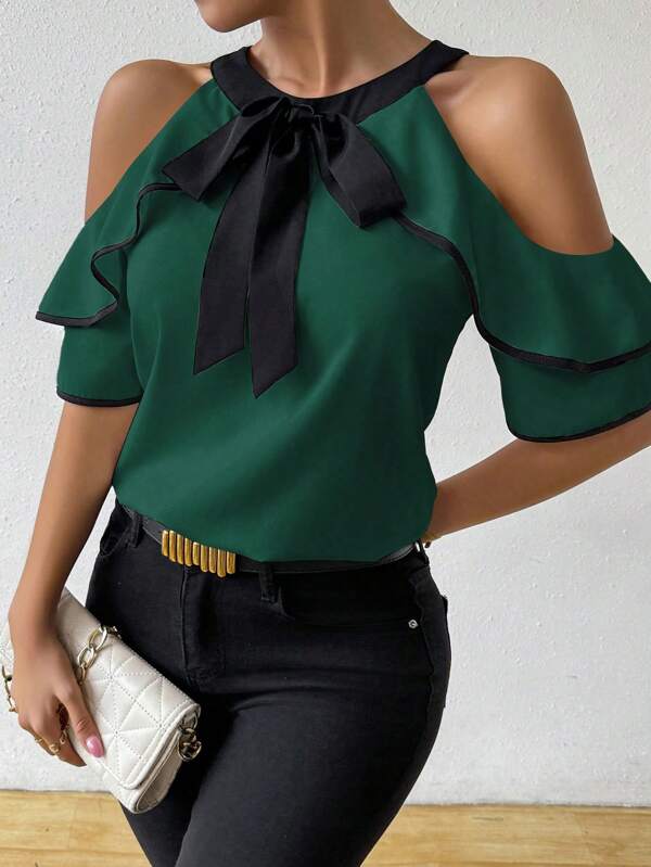Open Shoulder Bowknot Solid Color Casual Blouse