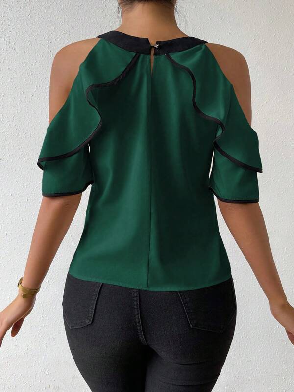 Open Shoulder Bowknot Solid Color Casual Blouse