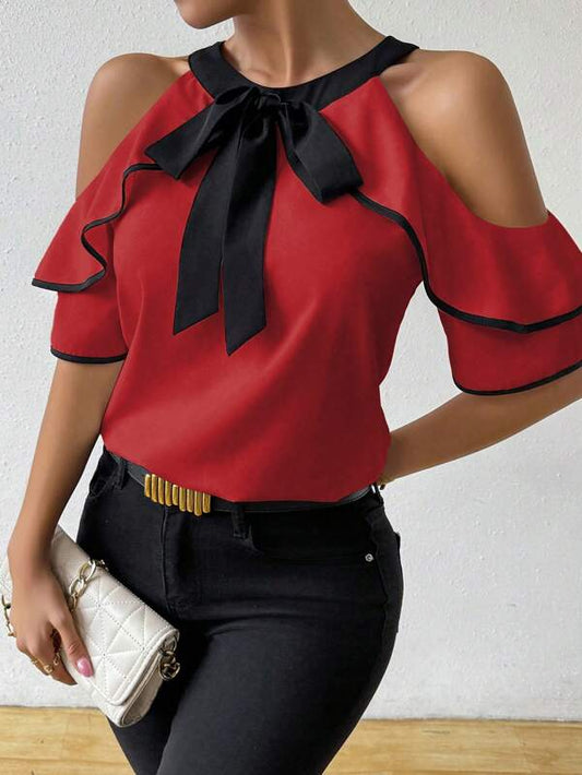 Block Collar Tie-Up Off Shoulder Blouse