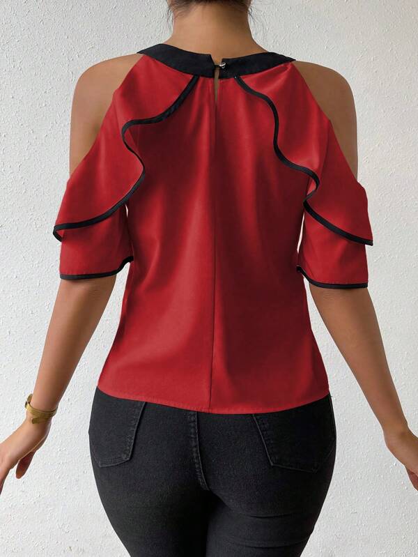 Block Collar Tie-Up Off Shoulder Blouse