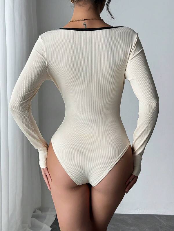 Solid Color Trimmed Fitted Long Sleeve Bodysuit