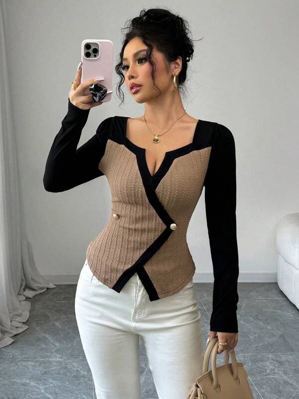 Asymmetric Hem, Apricot Textured Jacquard And Black Knit Top