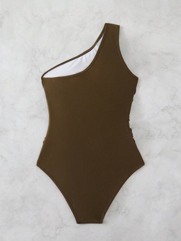 Solid Color Sleeveless Pleated Slim Fit One-Piece Swimsuit