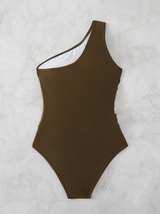 Solid Color Sleeveless Pleated Slim Fit One-Piece Swimsuit